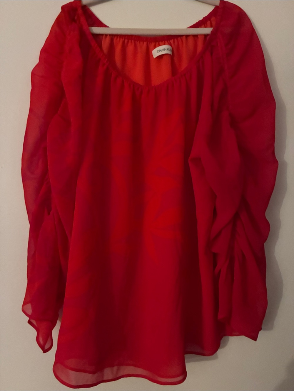 Calvin Klein Red sheer Blouse with Ruched Sleeves